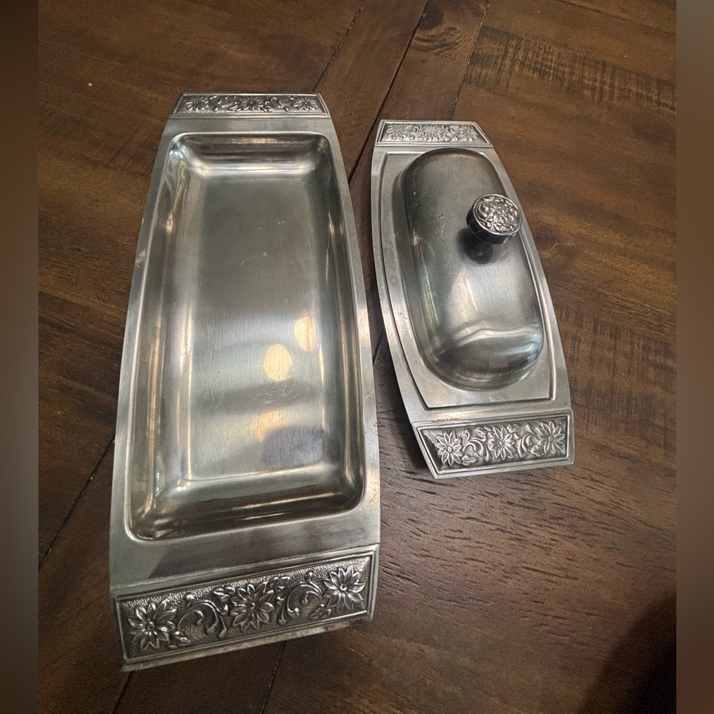 Set of vintage Stanley Robert’s stainless steel butter dish and tray